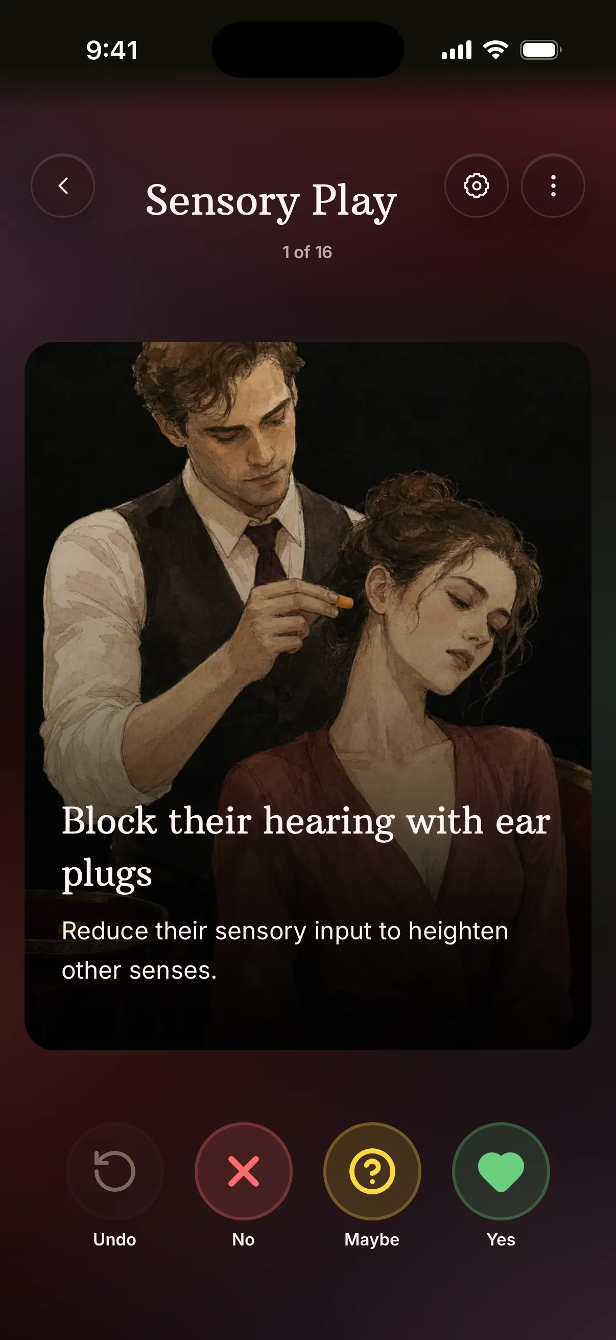 Sensory Play deck card, "Block their hearing with ear plugs", showing the whole illustration in sharp detail