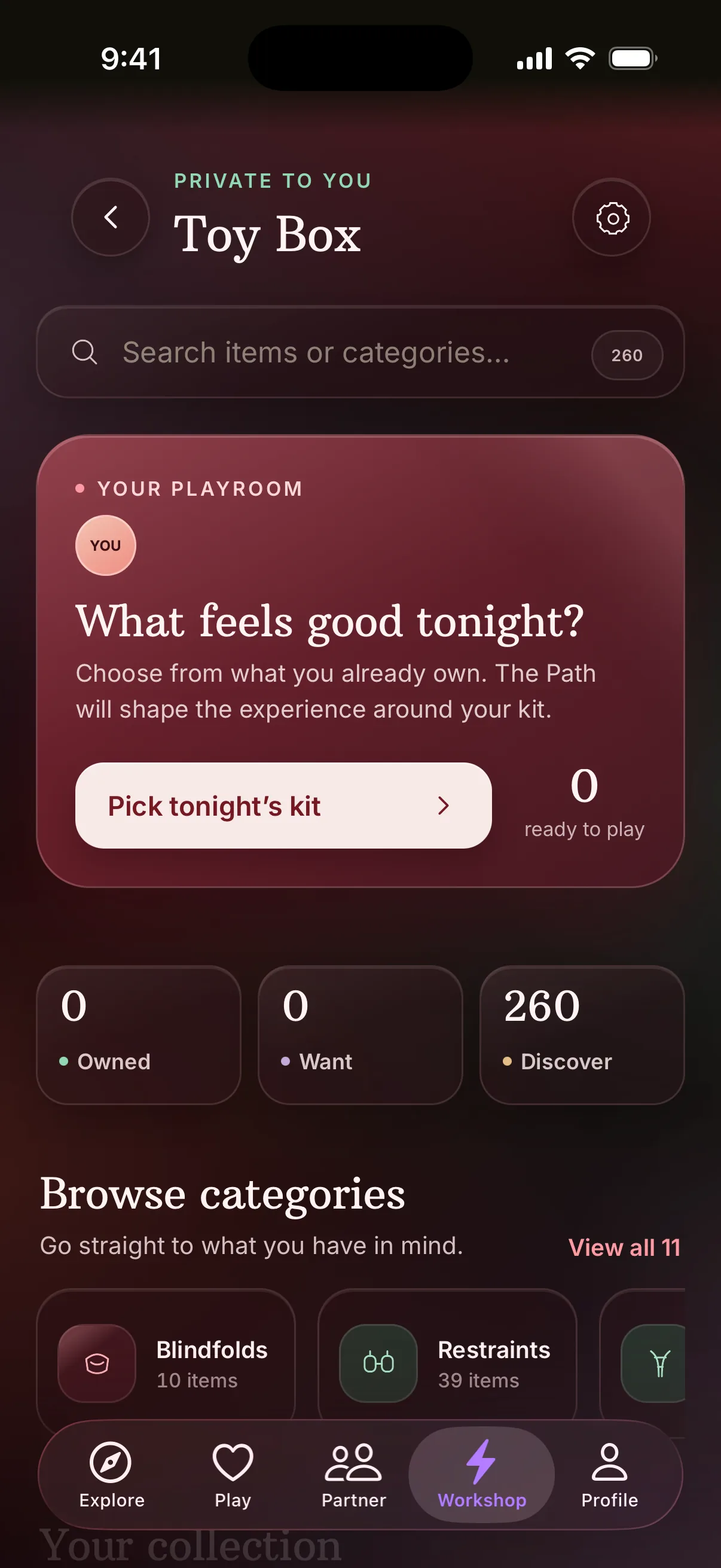 Toy Box home with its search bar, your playroom and categories to browse