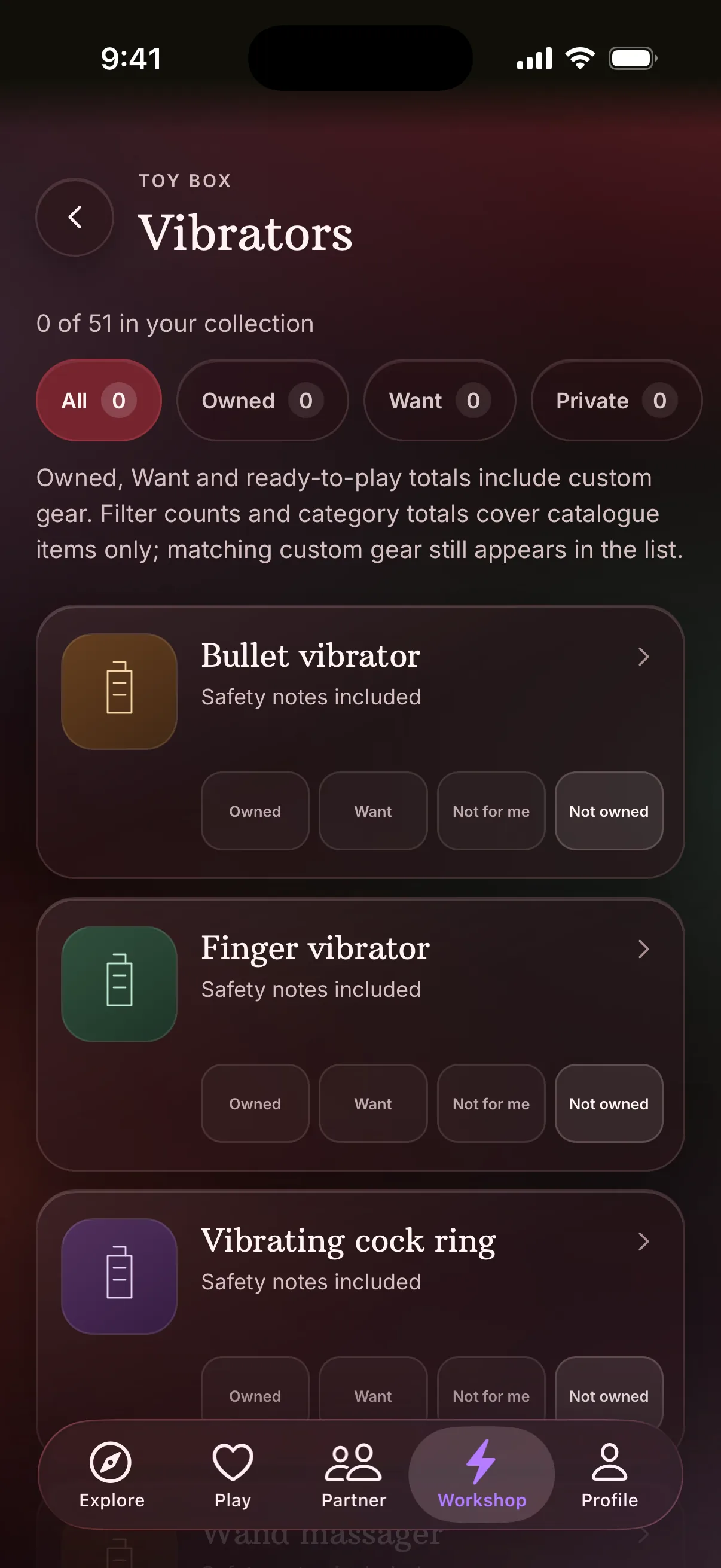 Vibrators in Toy Box, starting with a bullet vibrator, a finger vibrator and a vibrating cock ring