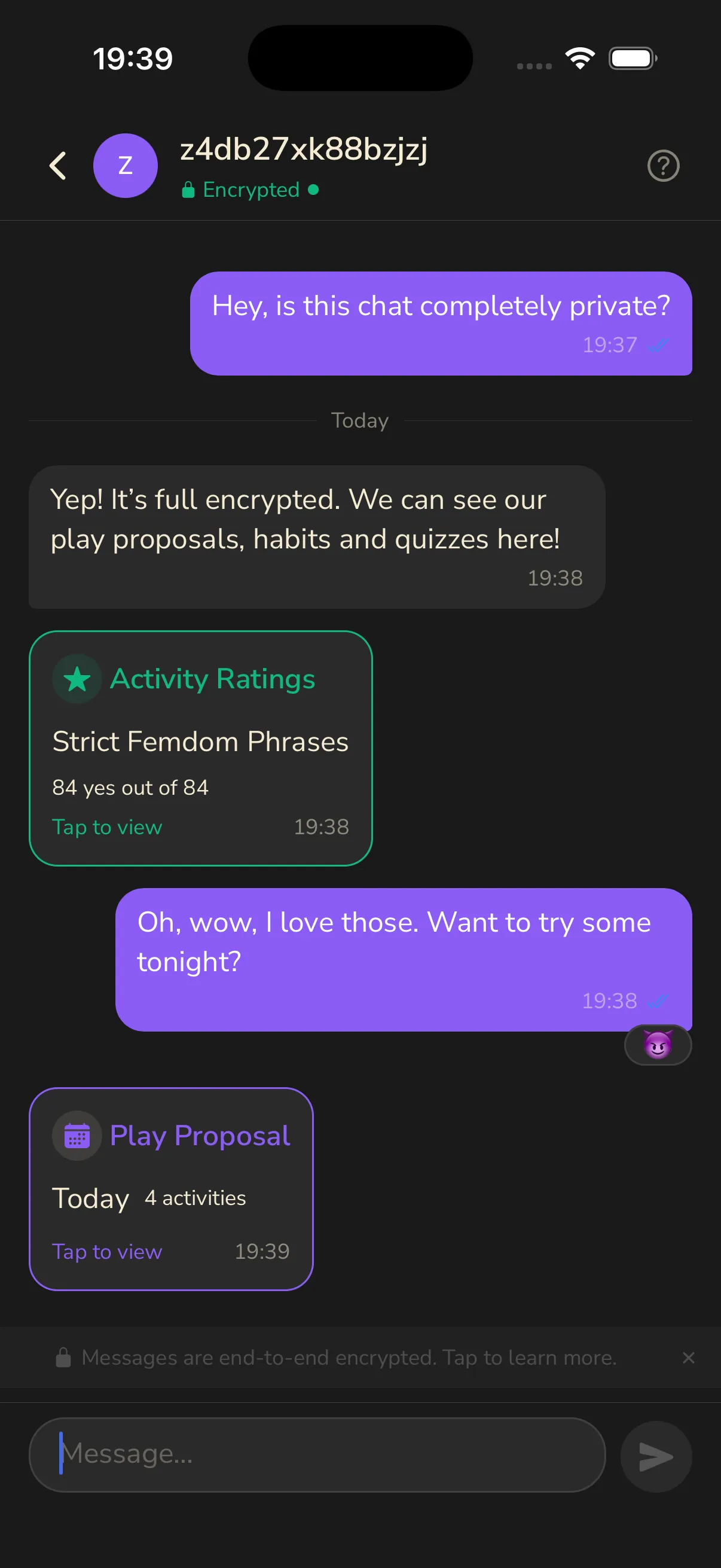BeMoreKinky Encrypted Chat Conversation