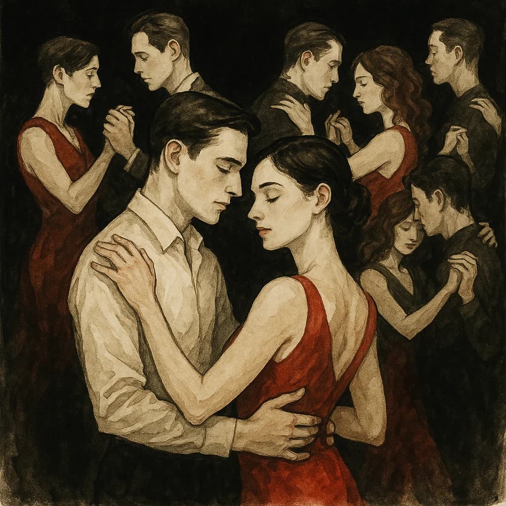 Multiple couples dancing together at a polyamory event