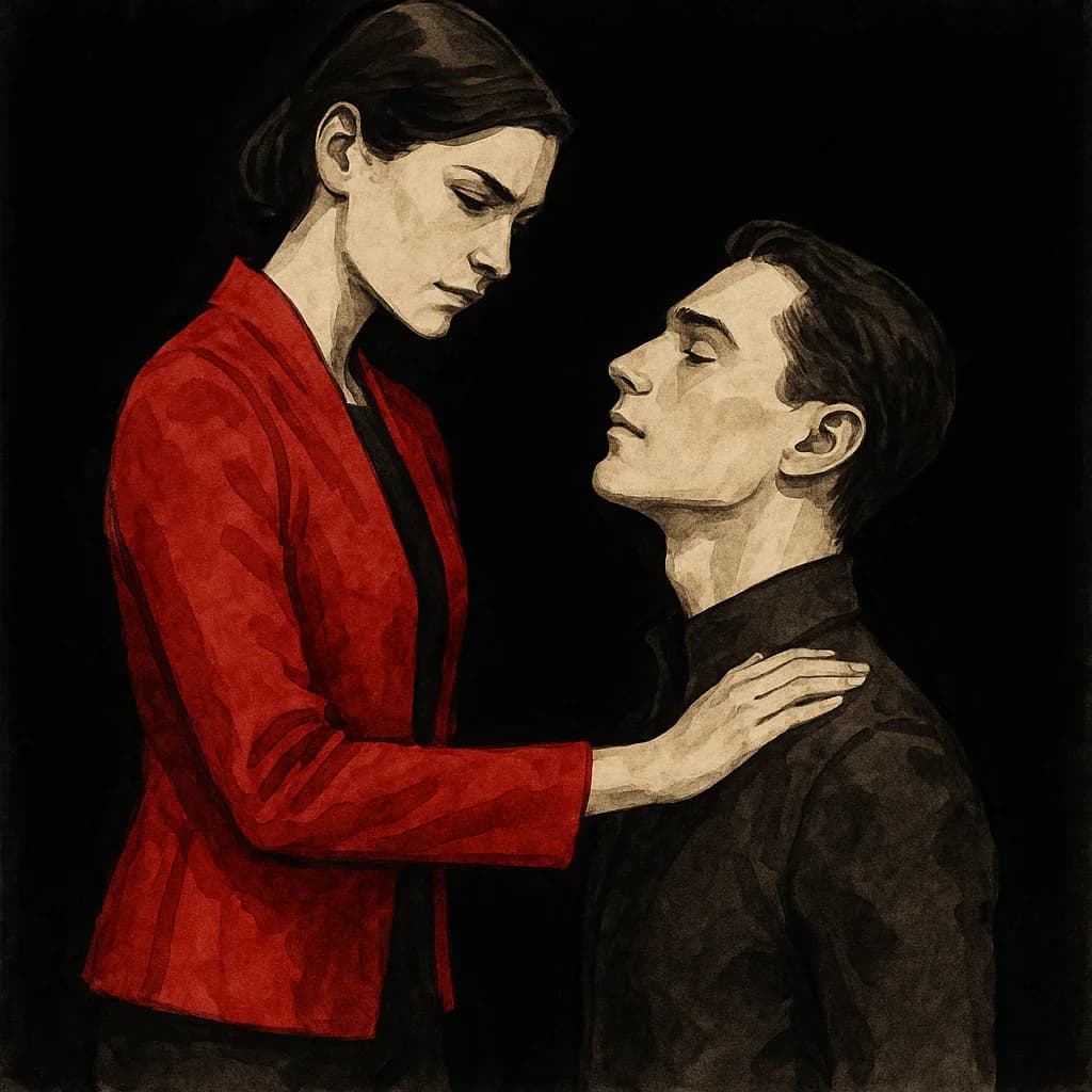A woman in a position of authority looks down at a kneeling man with roles temporarily reversed