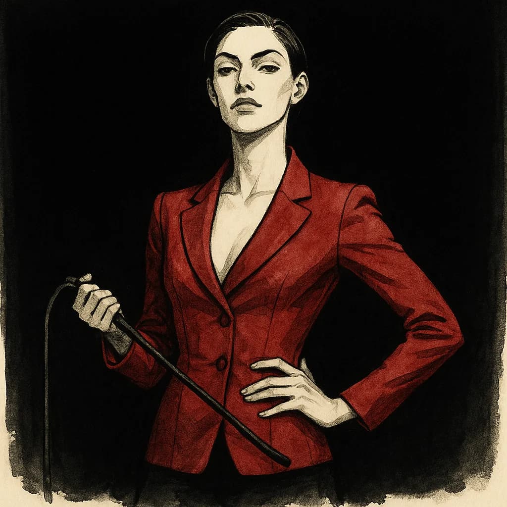 A woman in formal attire holding a riding crop showing her Dom archetype