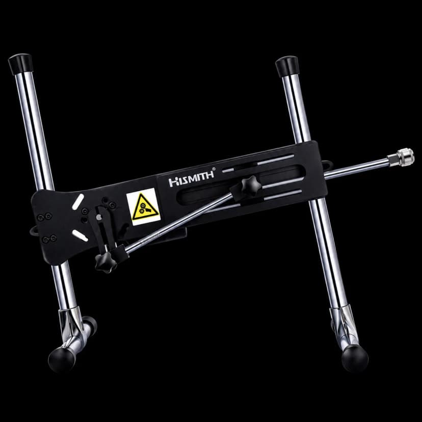 Hismith Premium 3.0 Pro sex machine on a black background: chrome X legs with black rubber feet, a black body with the HISMITH logo, and a telescoping rod with a quick-connect tip