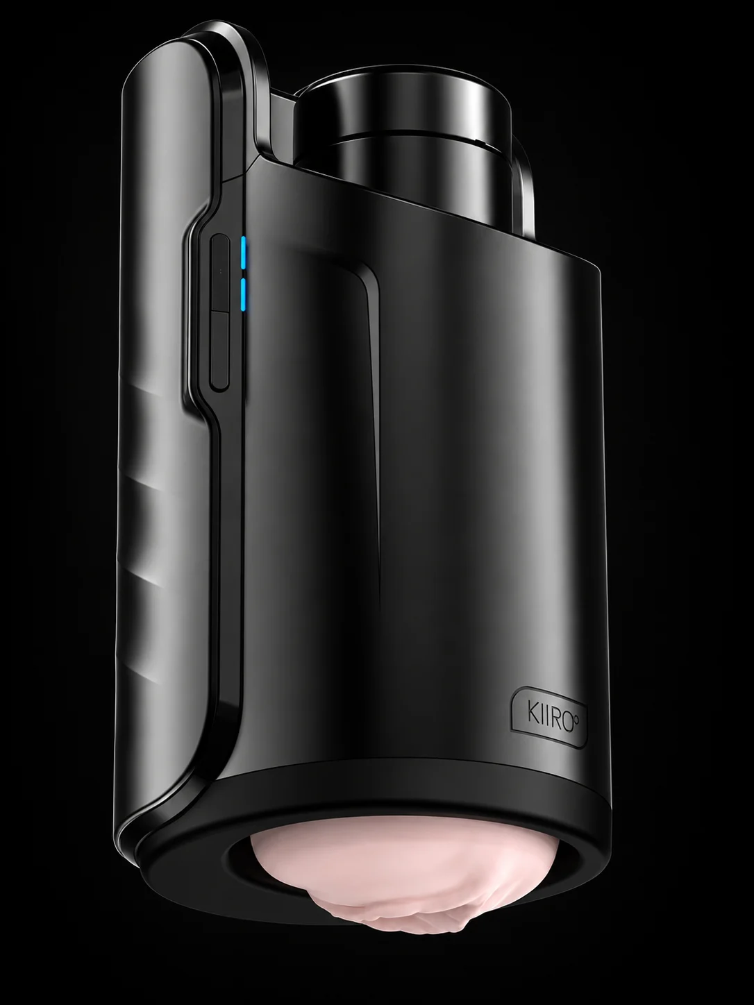 Kiiroo Keon on a black background: a black motorised stroker with blue lights beside the side buttons and the soft sleeve visible at the base