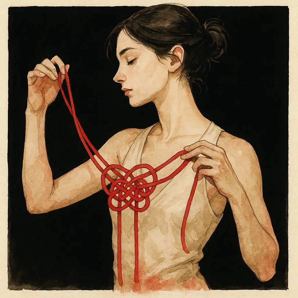 A woman weaving a beautiful shibari knot without another person