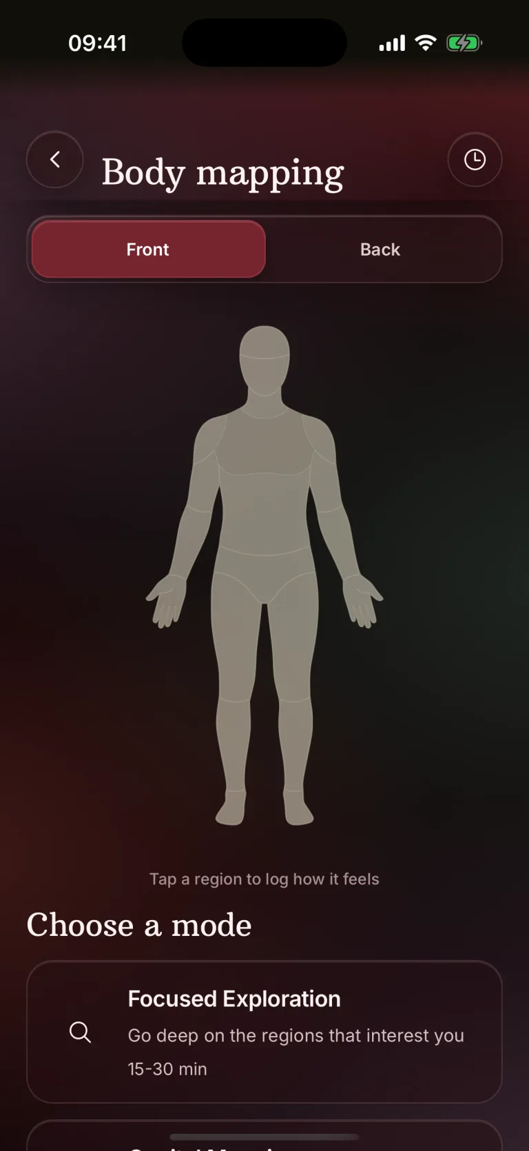 Body mapping diagram with tappable front-of-body regions in BeMoreKinky