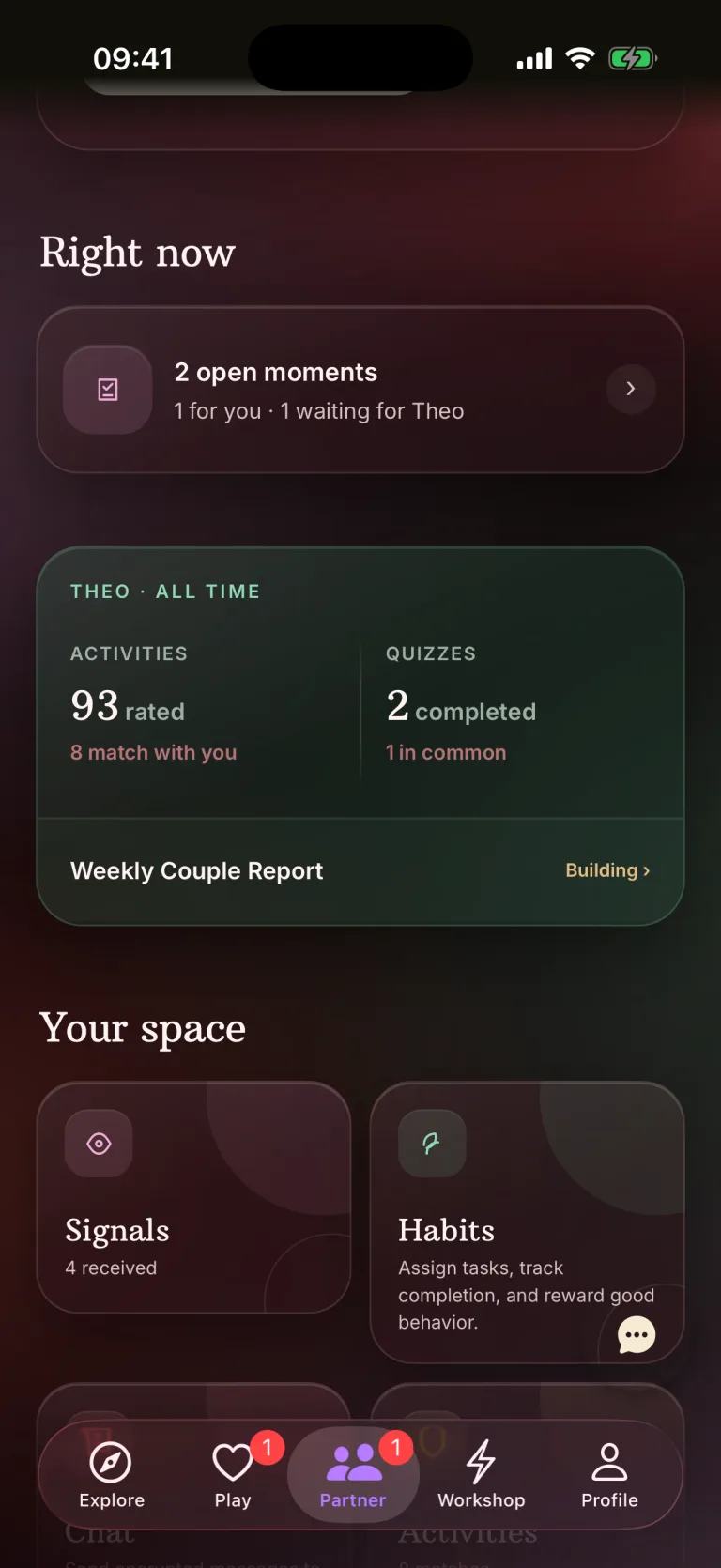 Partner hub showing 93 ideas rated, 8 matches and 2 quizzes completed