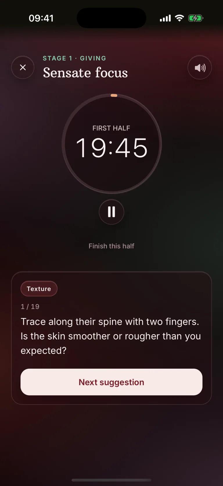 Sensate focus session in BeMoreKinky: Stage 1 giving, a 20-minute timer, audio guidance on, and a touch prompt to trace along your partner's spine