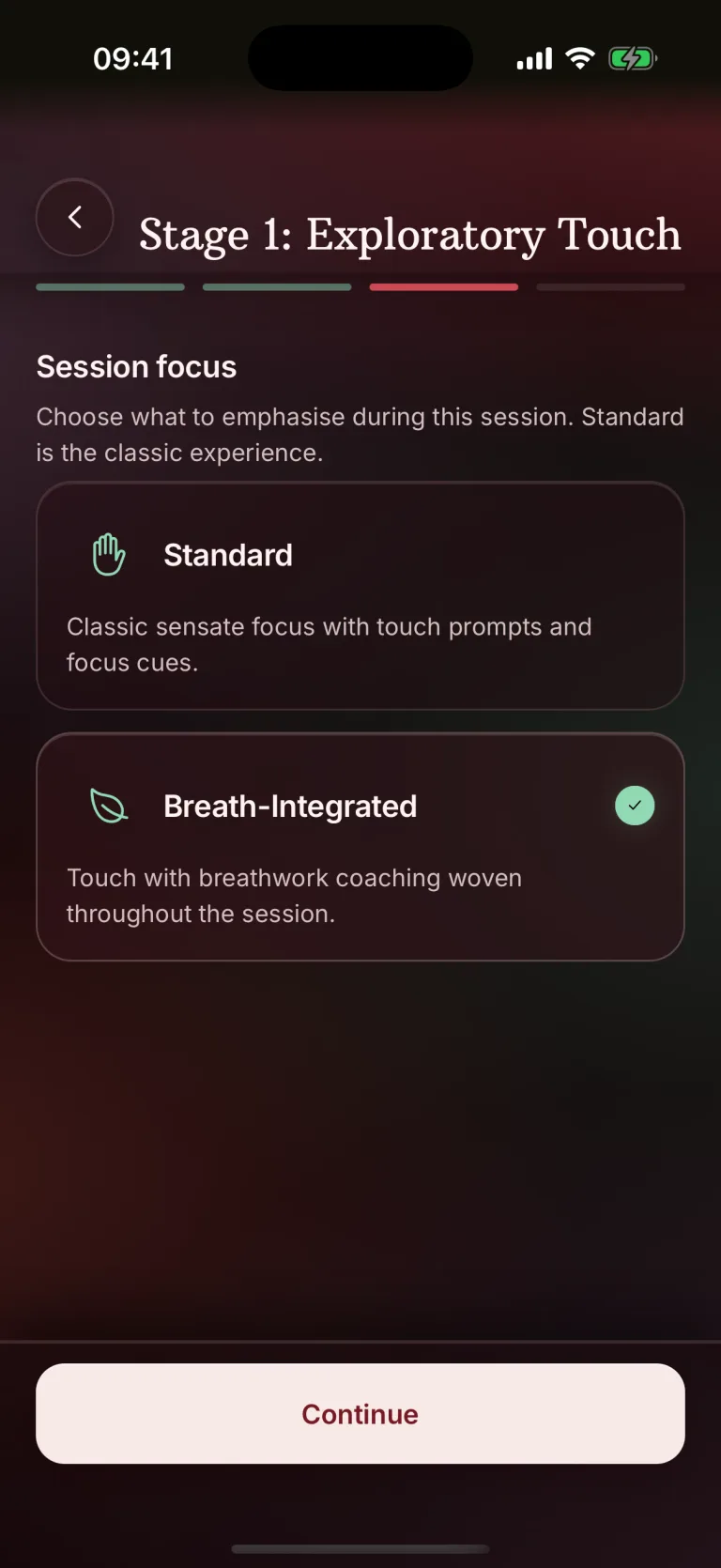 Sensate focus session focus picker in BeMoreKinky, Stage 1: Standard or Breath-Integrated, with Breath-Integrated selected