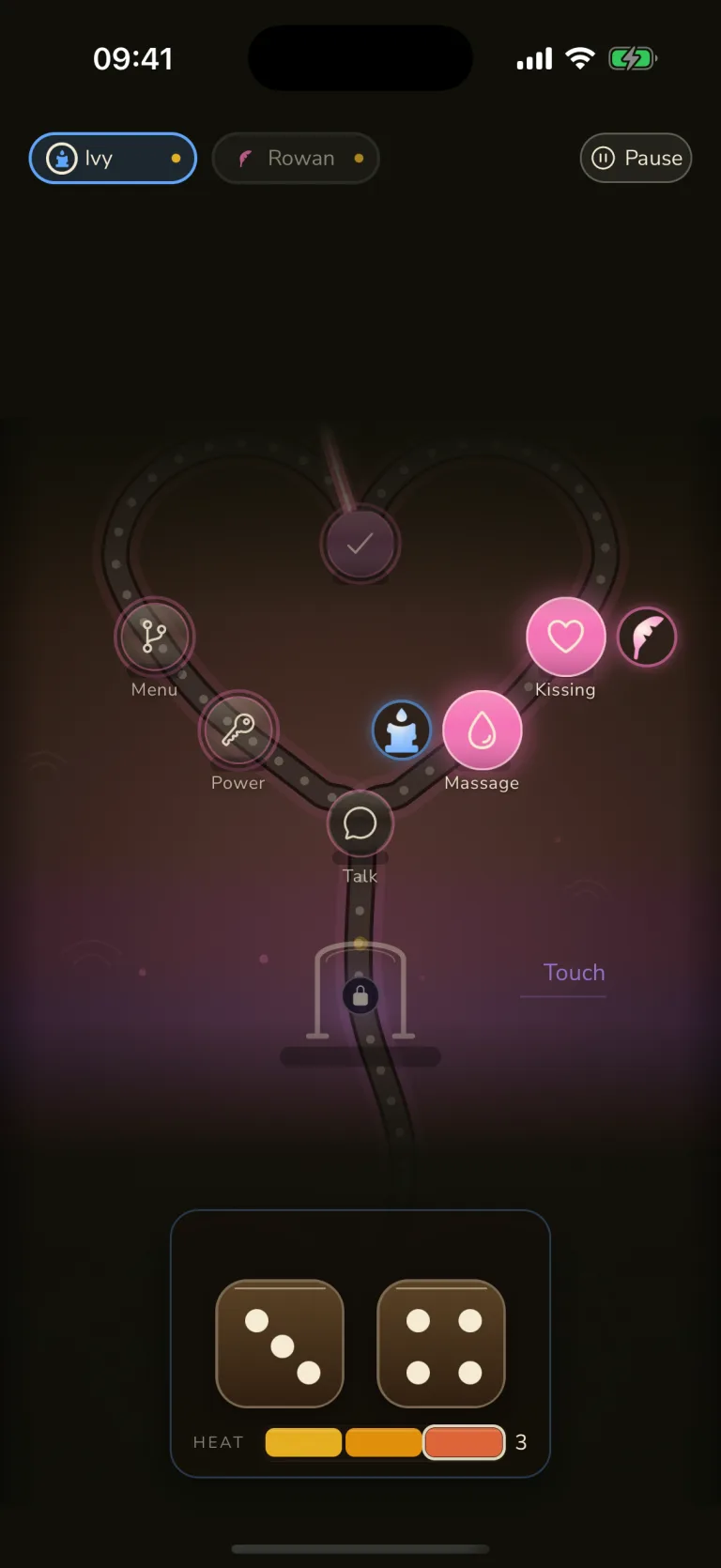 The Path board with both player pieces on a forked route, a Candle at Massage and a Feather at Kissing, above a locked Touch gate