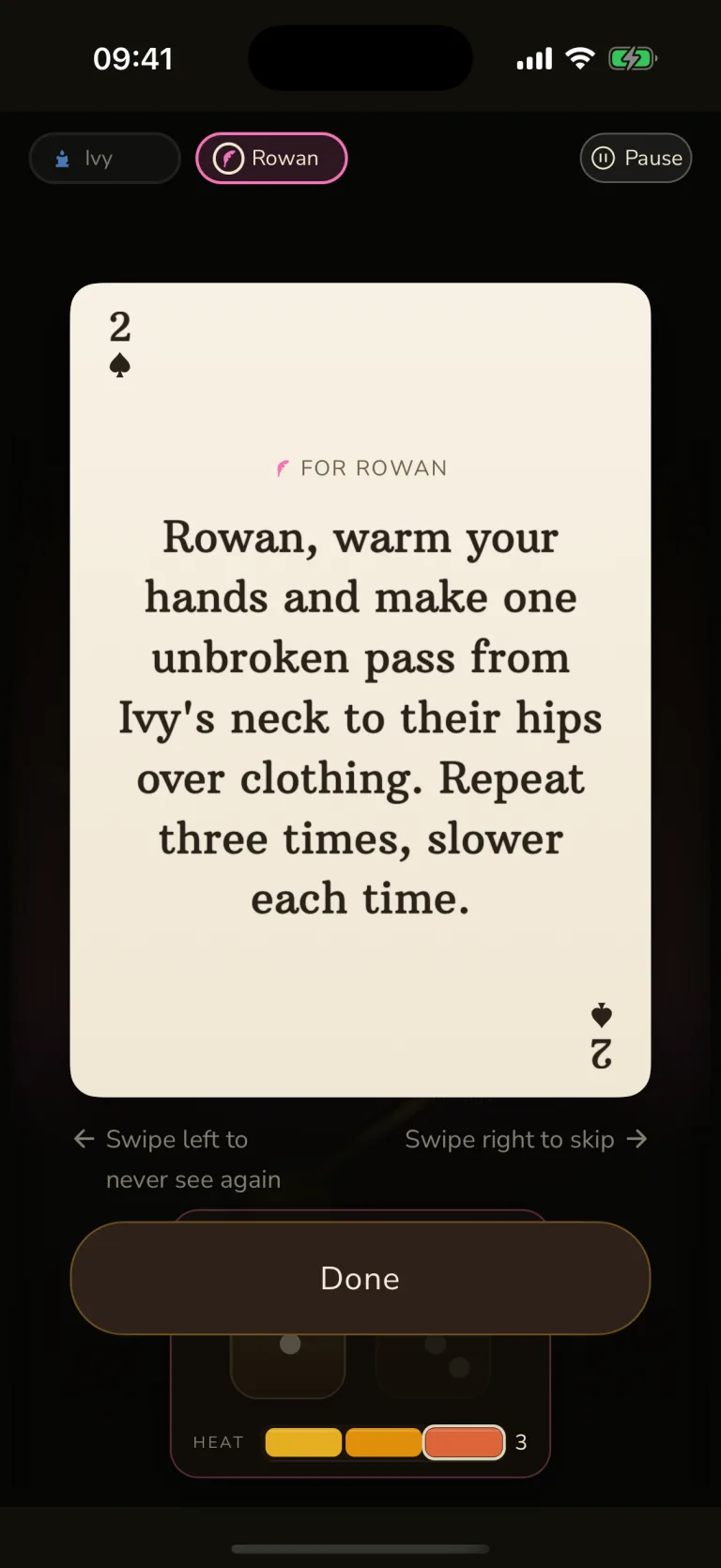 The Path game card telling Rowan to give a slow massage, with the heat meter