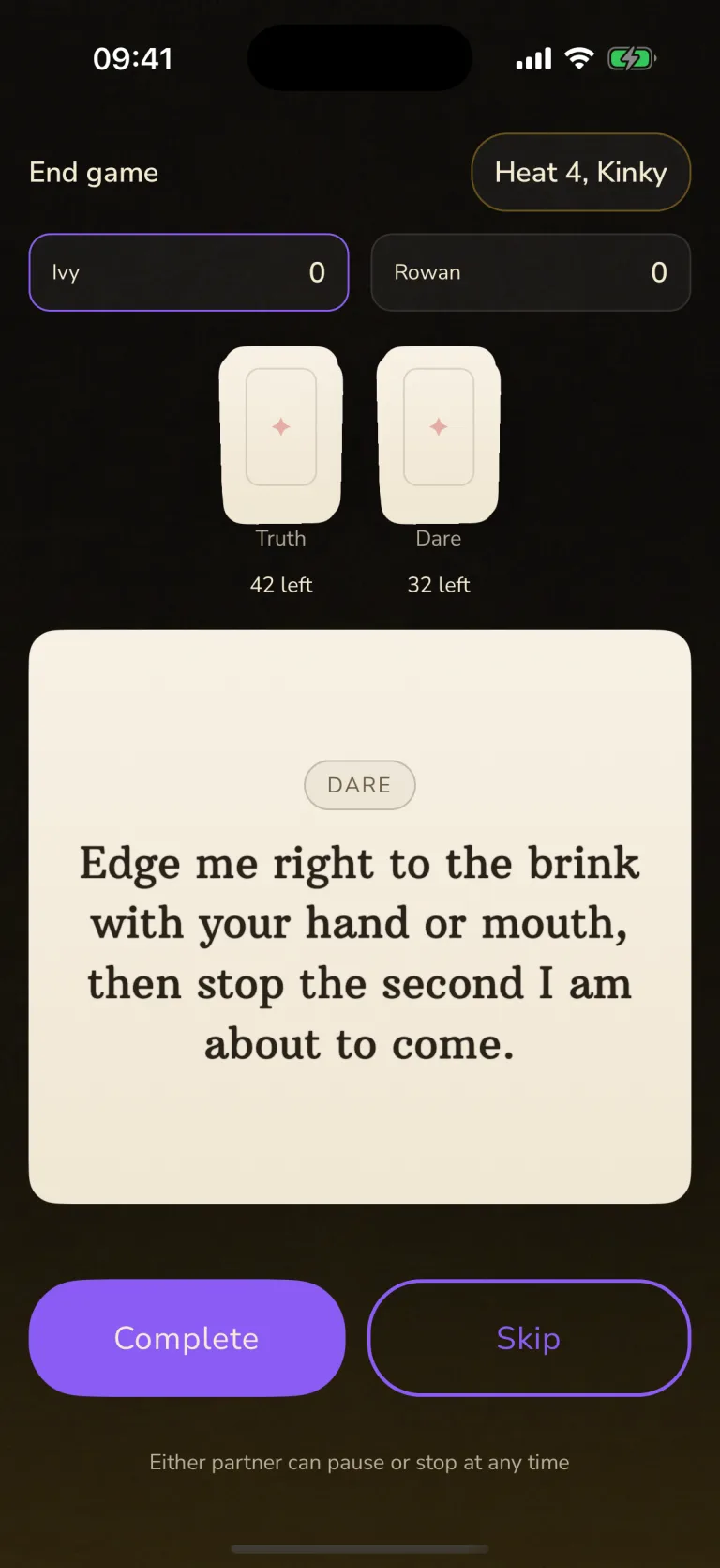 Truth or Dare screen at Heat 4, Kinky, with a dare card drawn and the current score