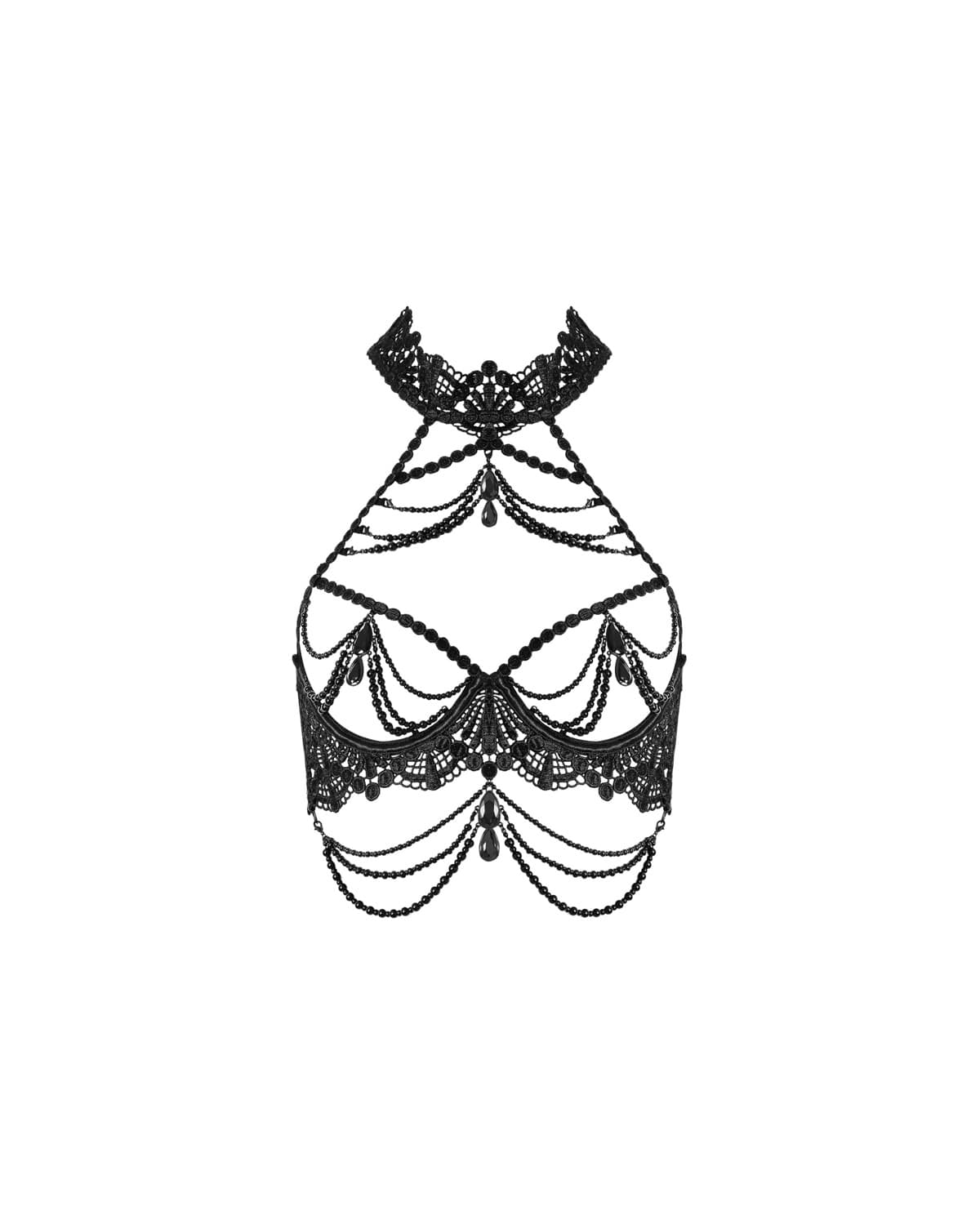Bluebella Tanya open longline bra in black with an attached lace collar, shown flat on a white background