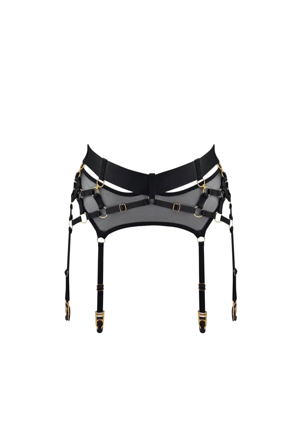 Bordelle Zenna harness suspender in black, a strap harness waist belt with four suspender straps and gold clips, shown flat on a white background