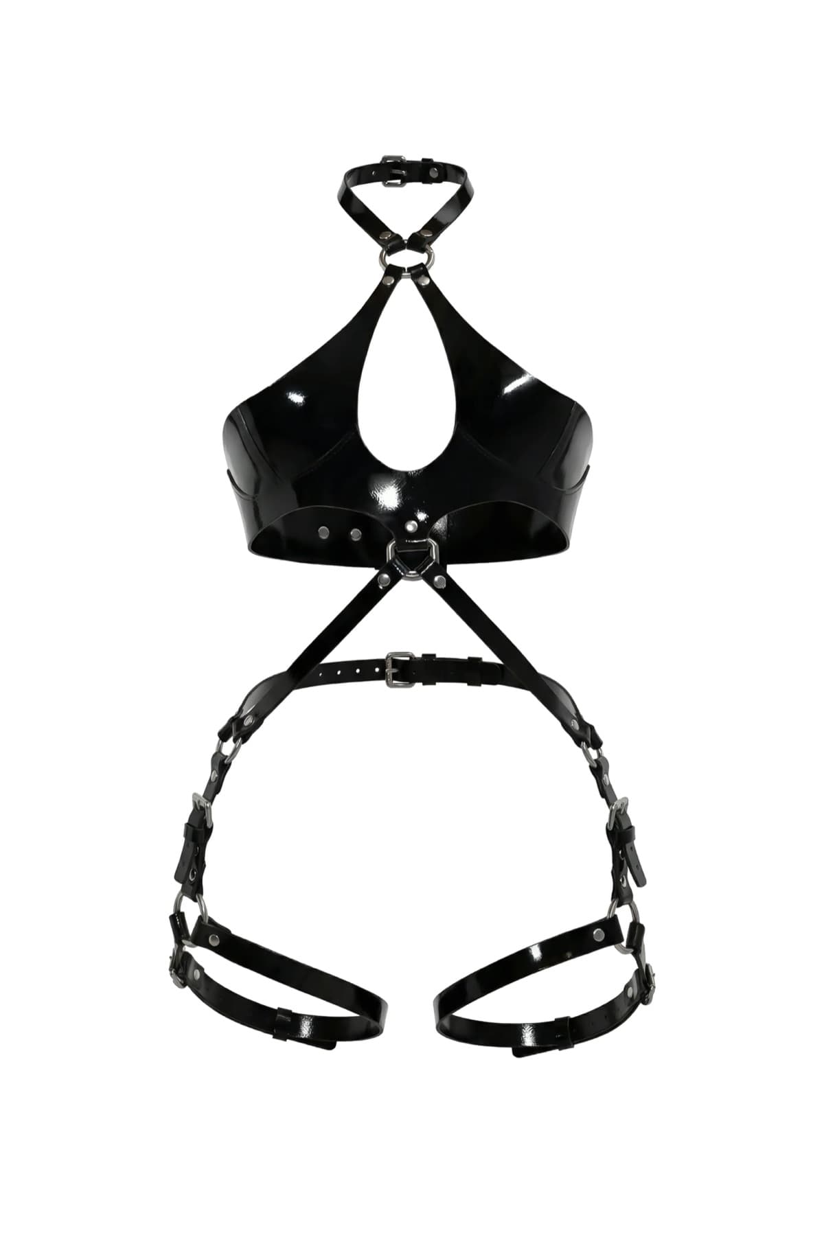 MarieMur Bridget harness bodysuit in black, glossy straps with halter collar, O-rings and thigh straps, shown flat on a white background
