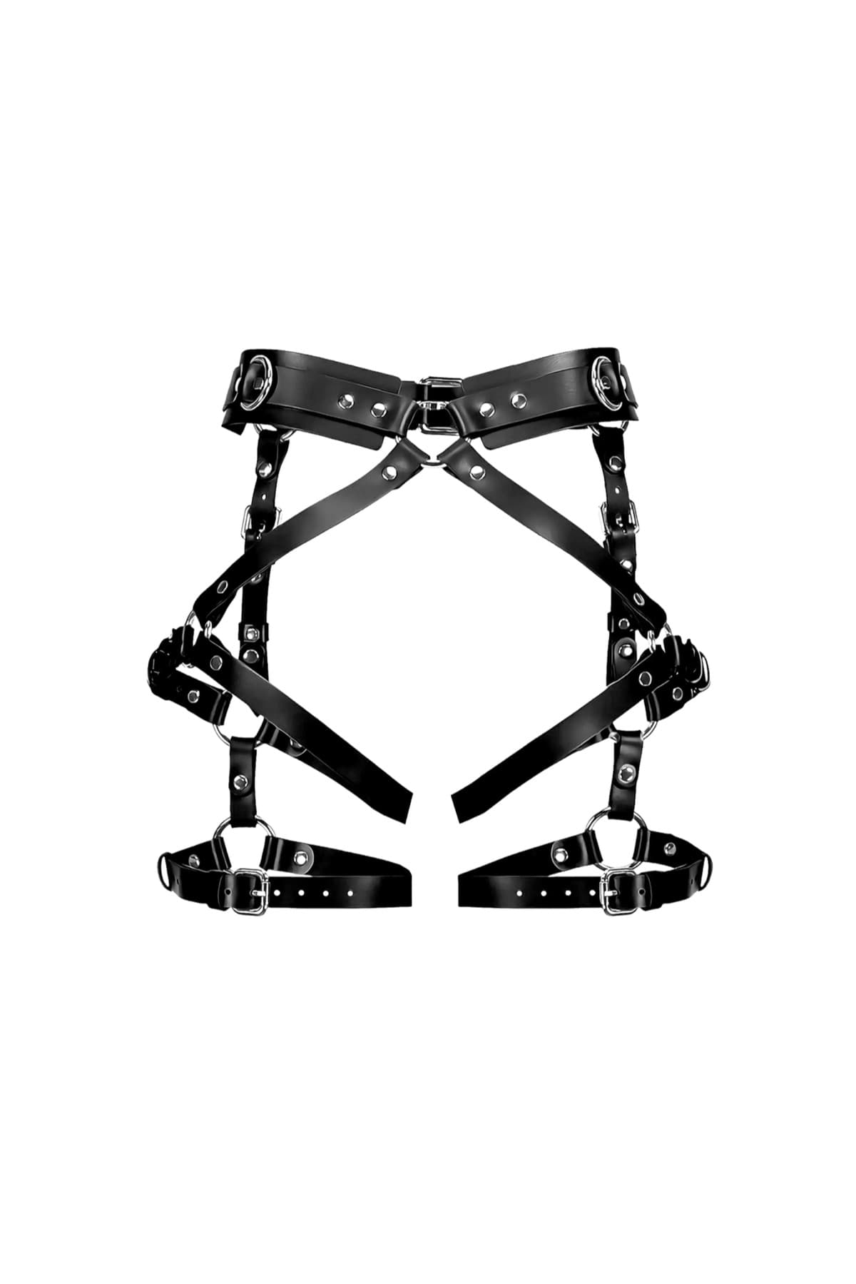 MarieMur Poppy leg garters in black, a waist and leg harness with buckled thigh cuffs, shown flat on a white background