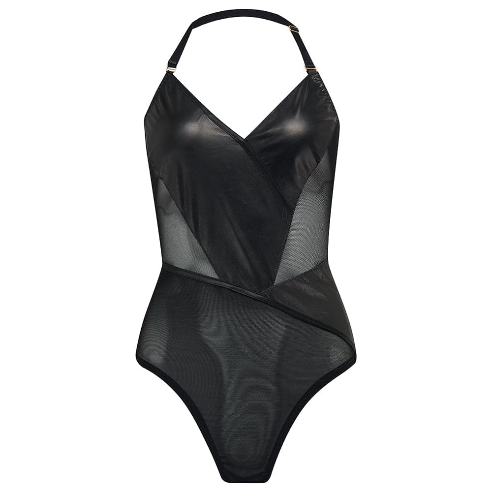 Something Wicked Layla real leather bodysuit in black with a halter neck and sheer mesh panel, front view on a white background