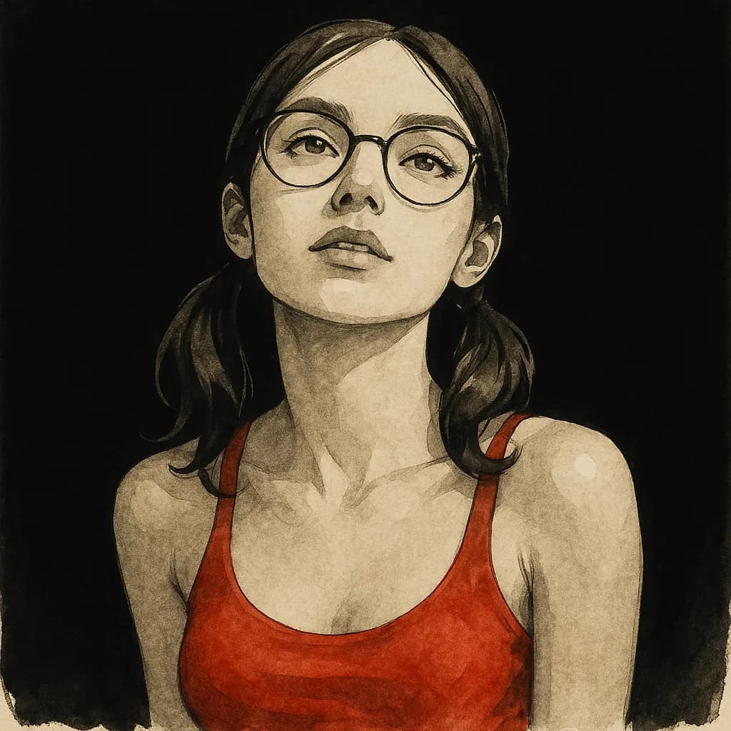 Looking up at you while wearing glasses and pigtails