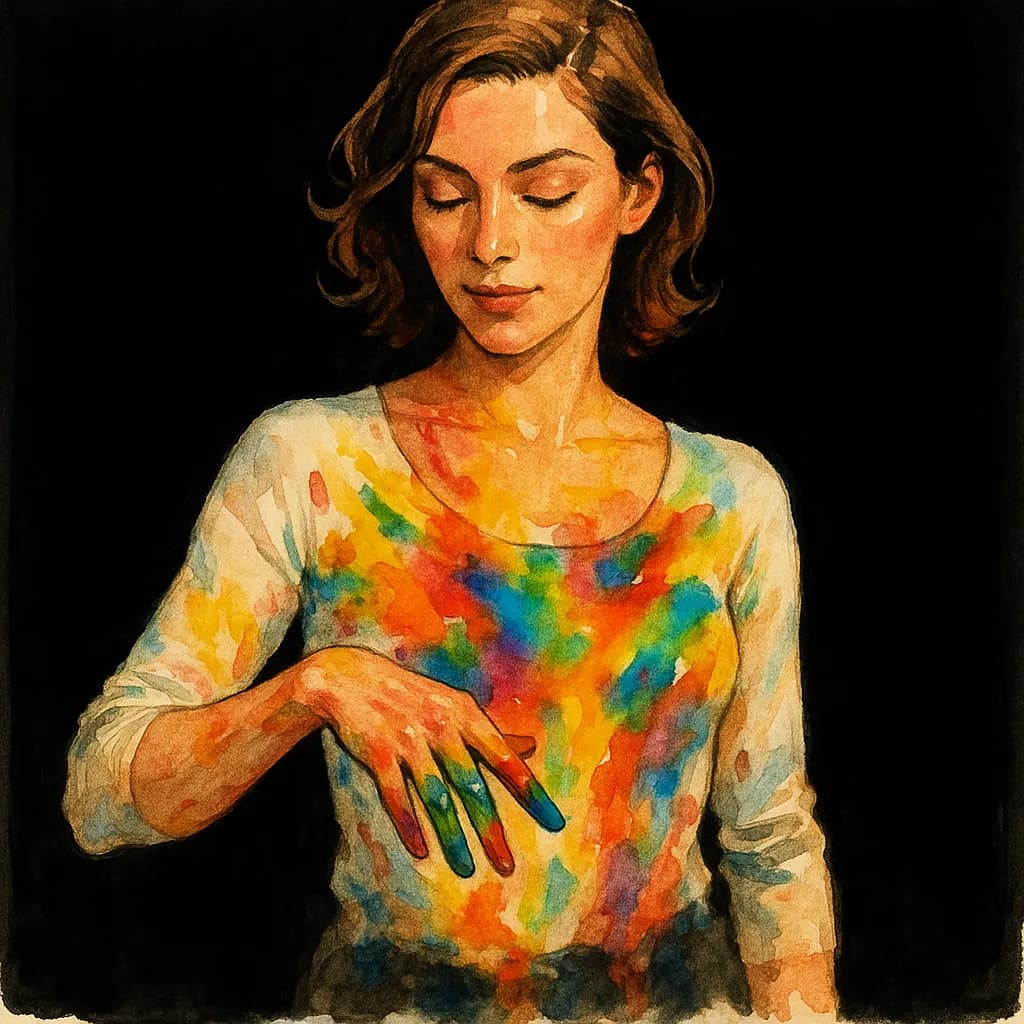 Age play woman covered in paint after finger painting