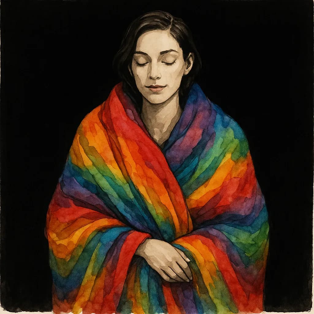 ABDL woman sitting in a nursery wearing a cute colourful blanket